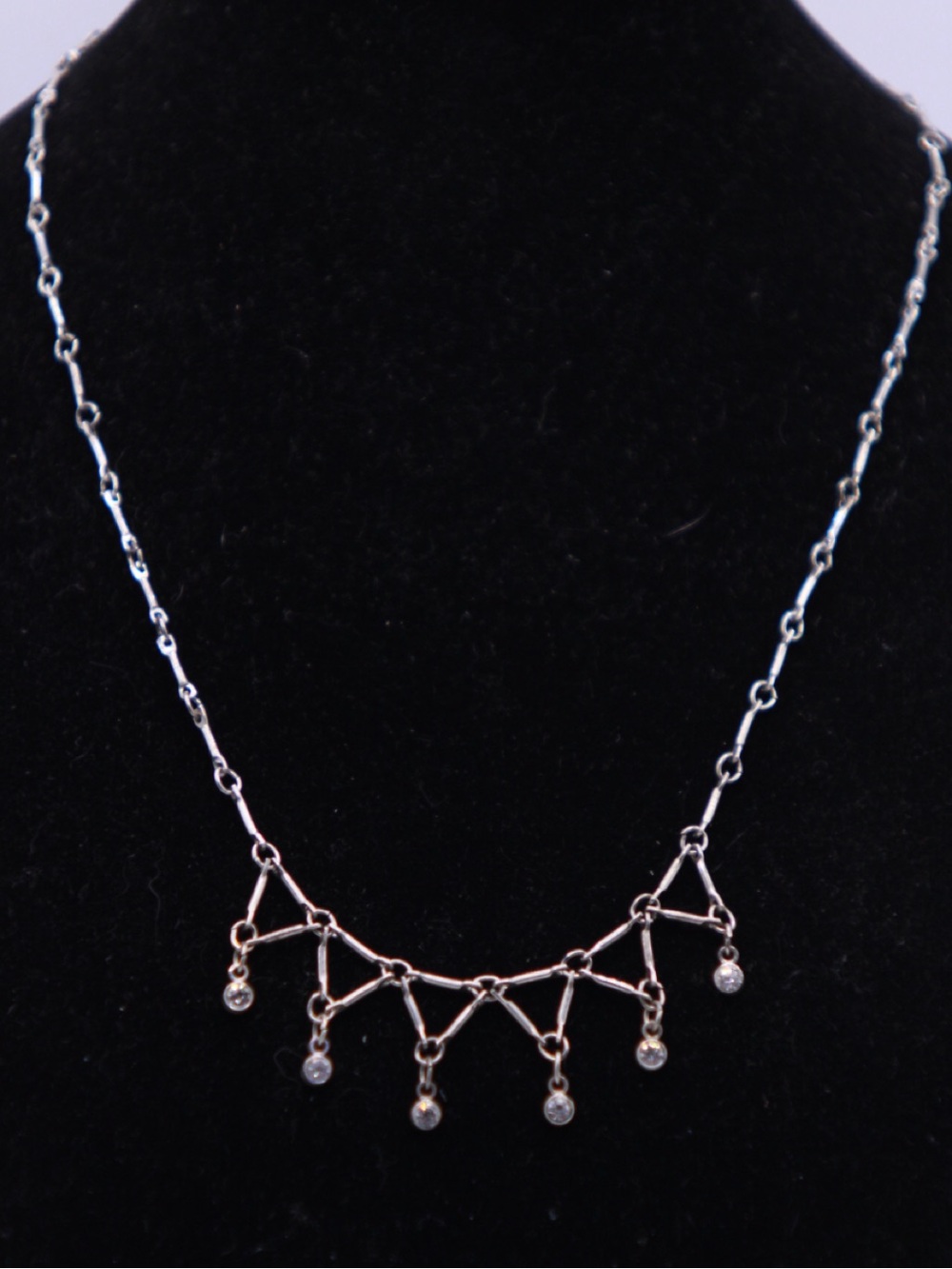 Vintage Delicate Silver tone Dangle Rhinestone Necklace 16”